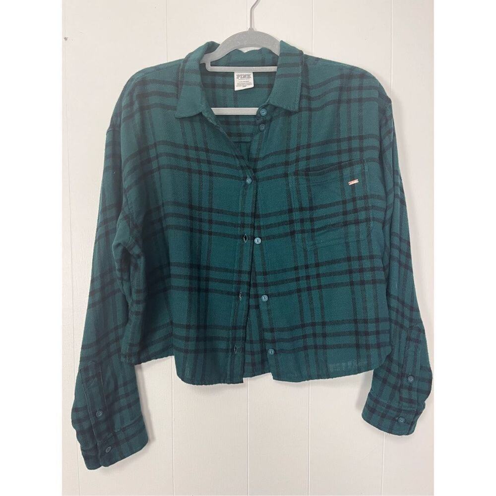 PINK Victoria's Secret Green and Black Plaid Button-Down Shirt